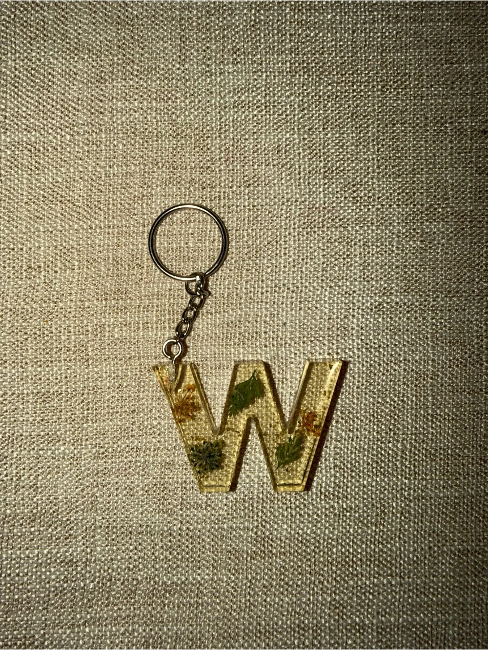 Resin Letter W Keychain - Gold with Botanical Inlay